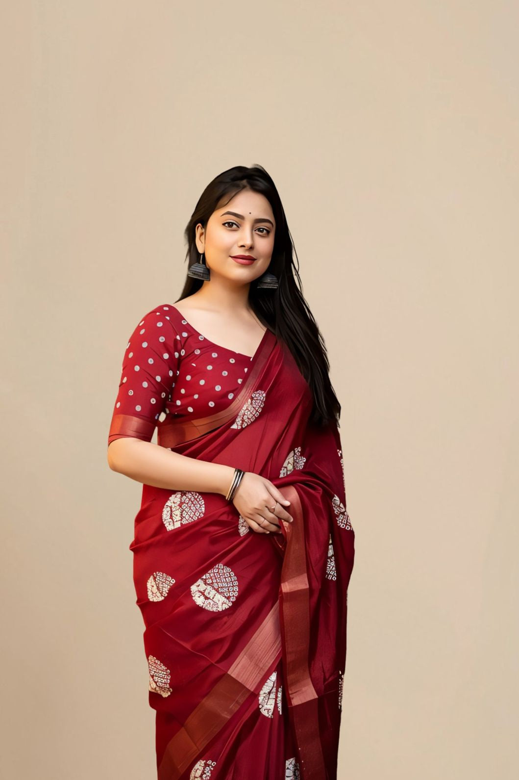 Studio front view of red saree showing structure and blouse pairing