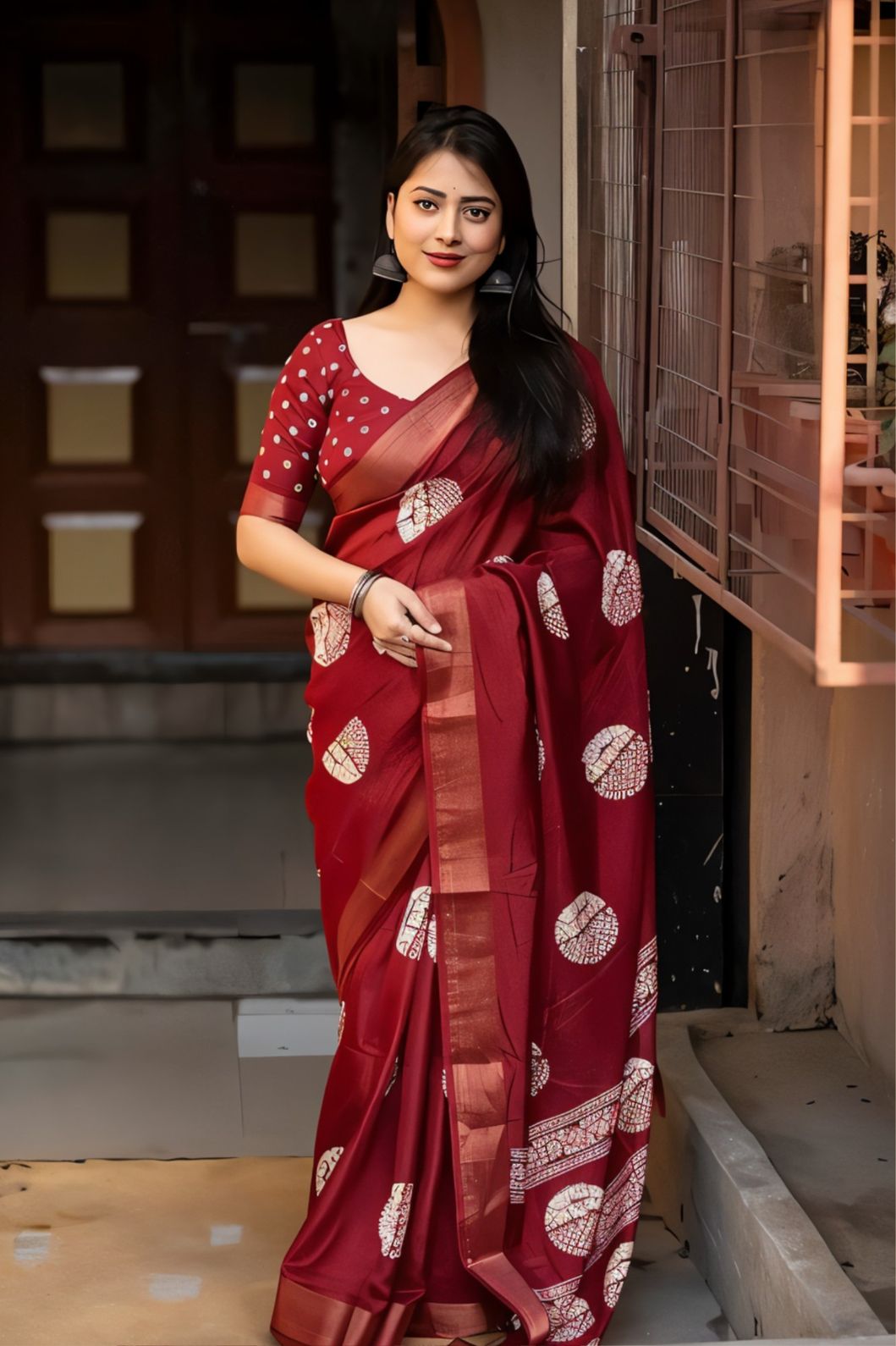 Studio front view of red saree showing structure and blouse pairing
