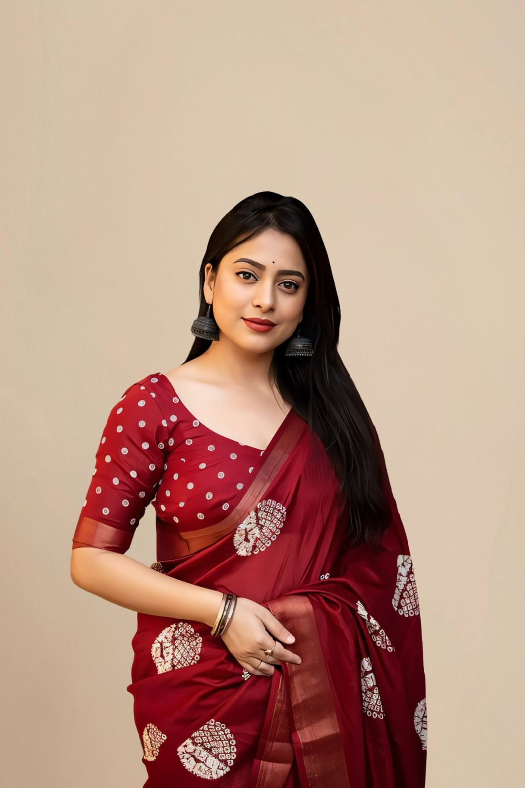 Studio front view of red saree showing structure and blouse pairing