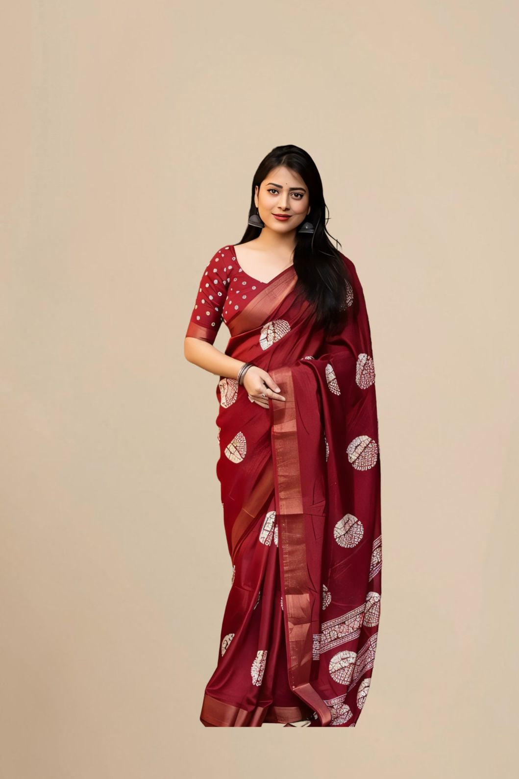 Studio front view of red saree showing structure and blouse pairing