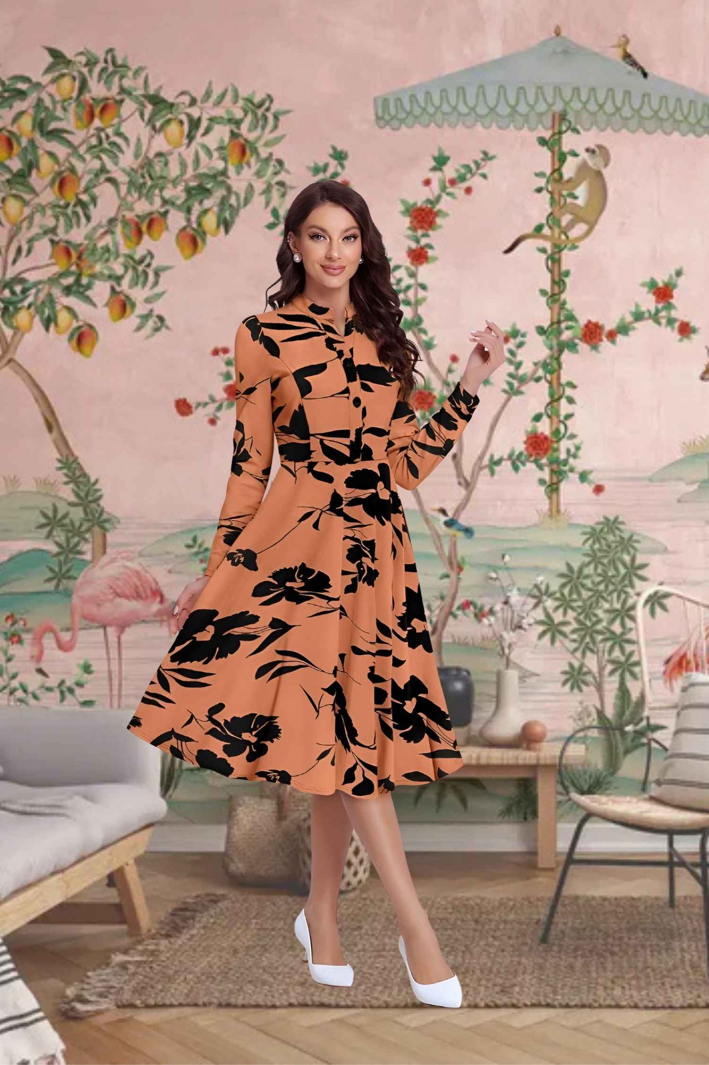 Close-up of V-neck and floral pattern on Thaaravesha orange dress