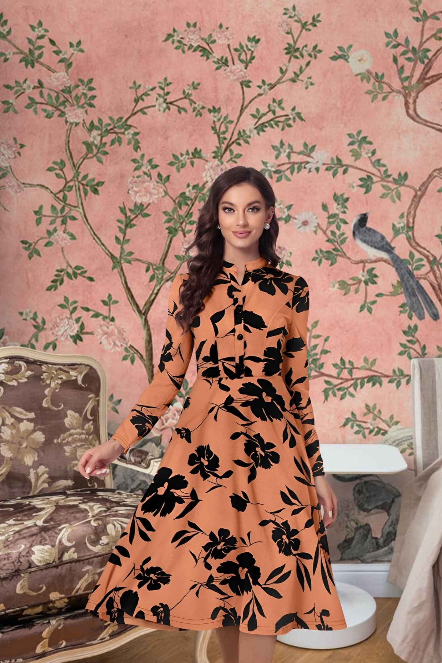 Front view of Thaaravesha dress in orange floral print with full sleeves