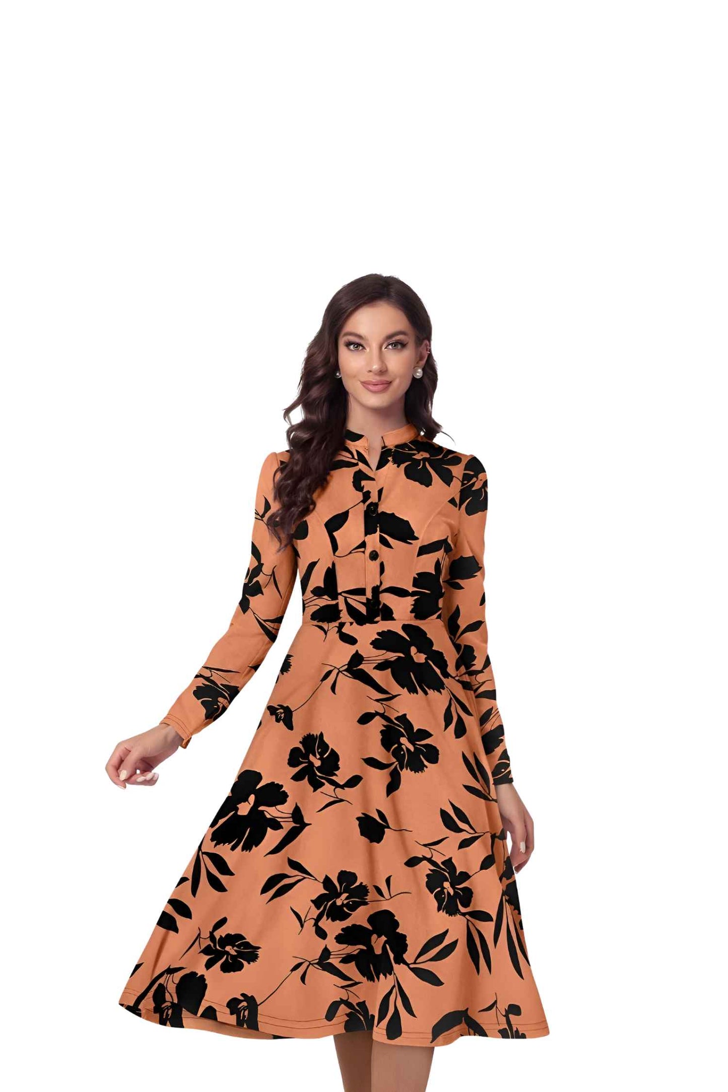 Studio shot of orange floral dress without background – front angle
