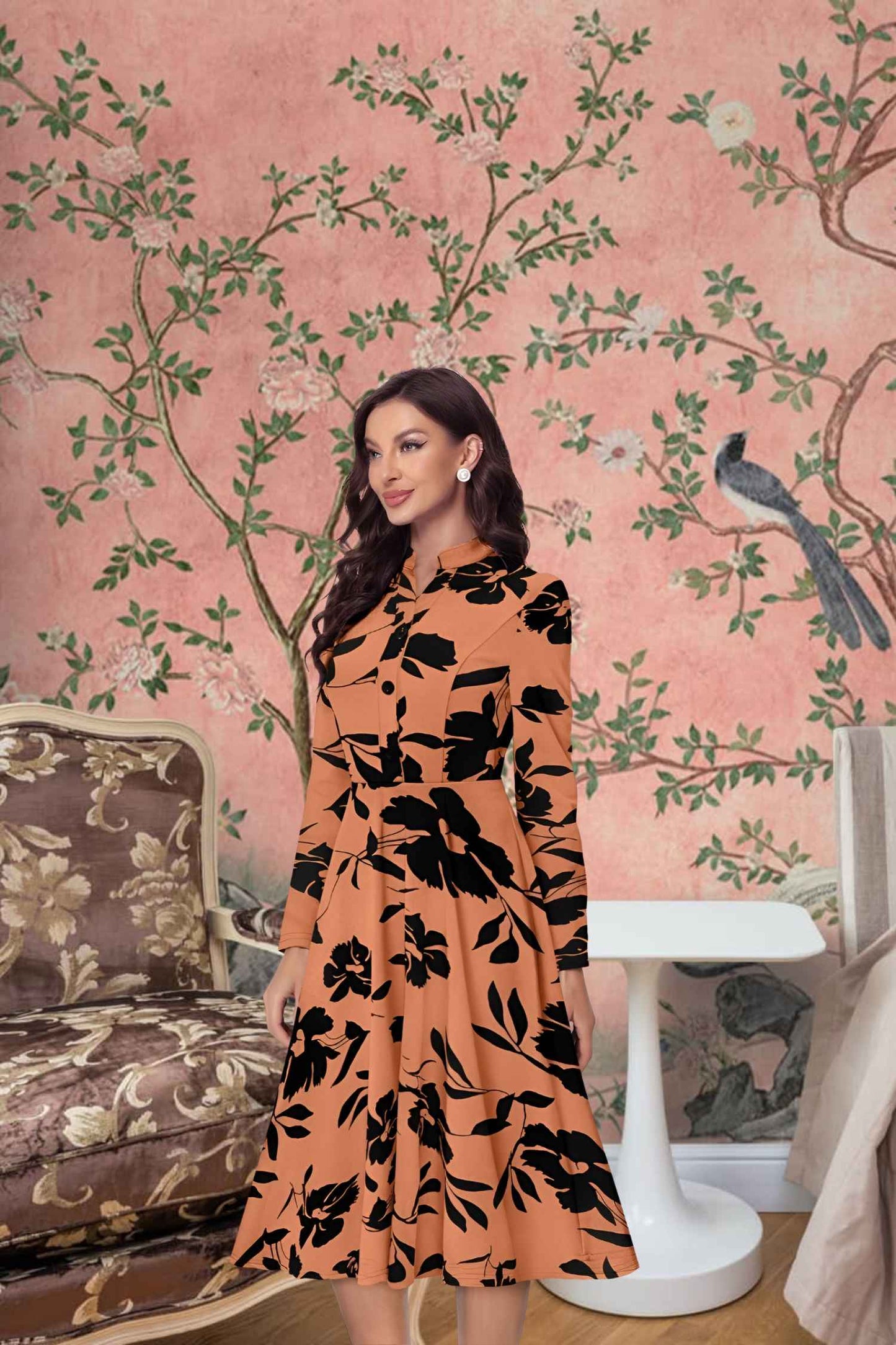 Side angle of orange full sleeve floral bodycon dress