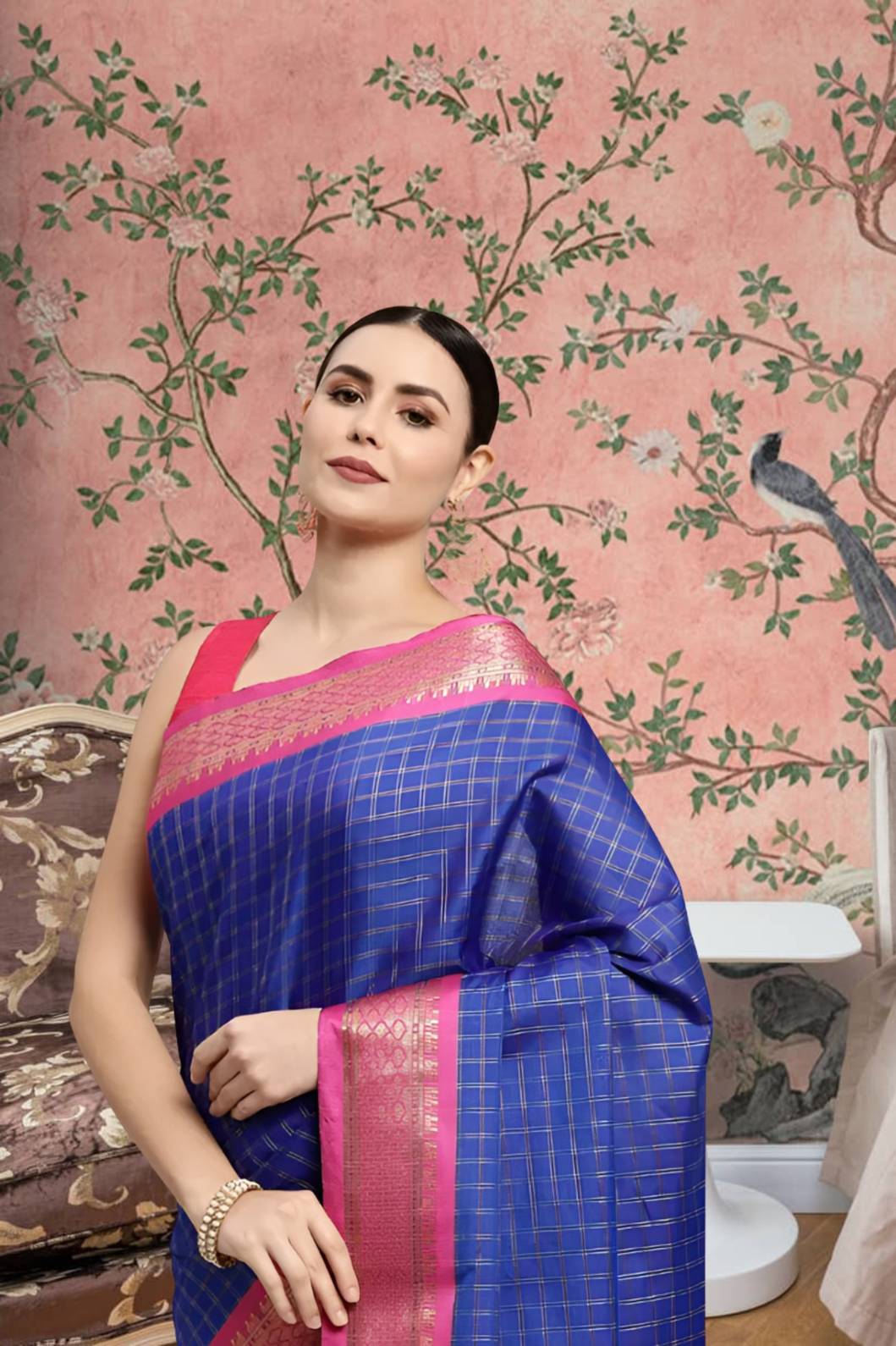 Front view of royal blue checkered saree in elegant palace setting
