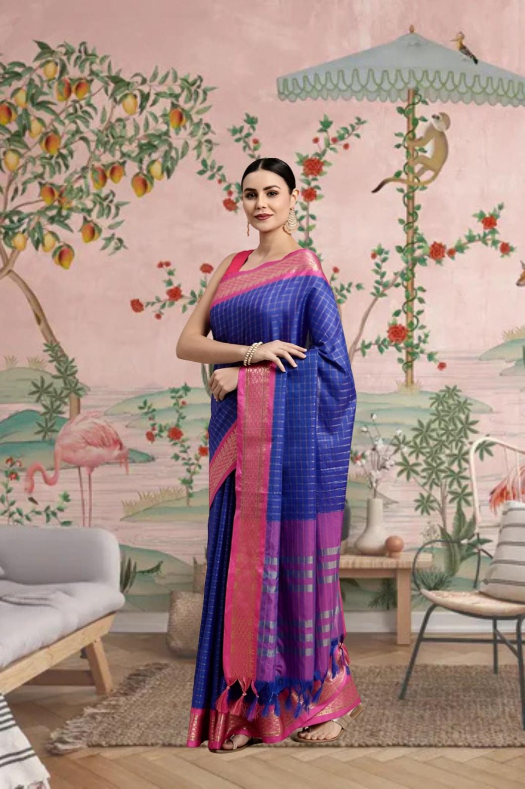 Front view of royal blue checkered saree in elegant palace setting