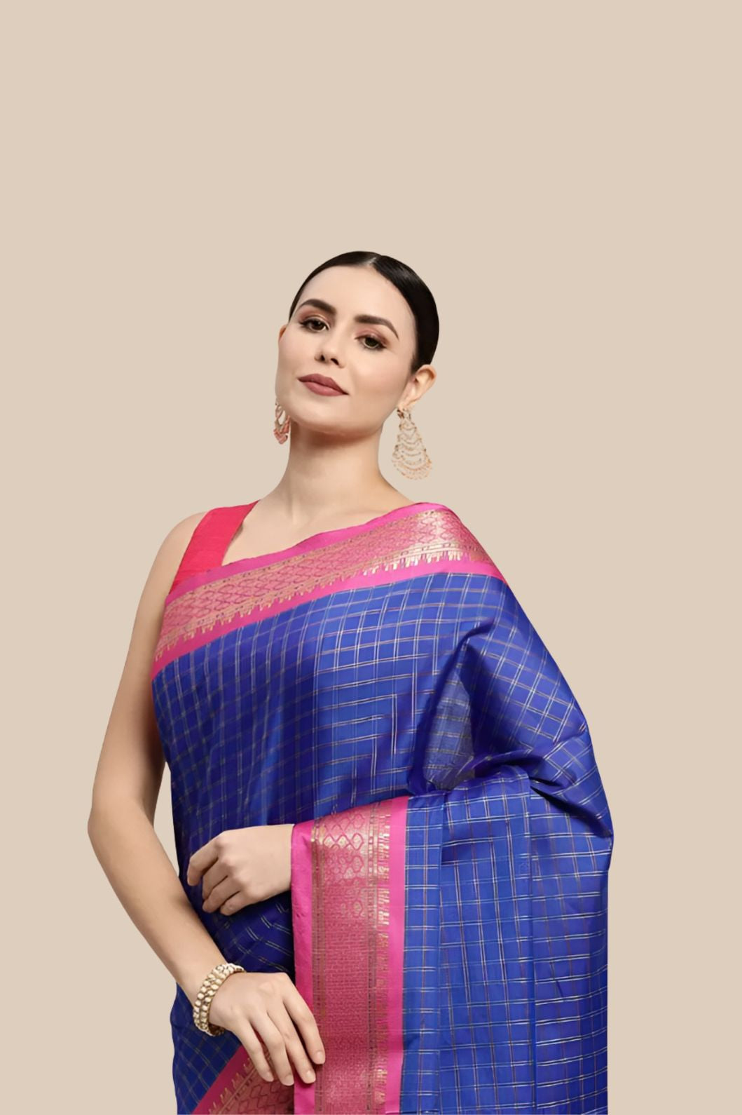 Studio front image showing rich royal blue drape