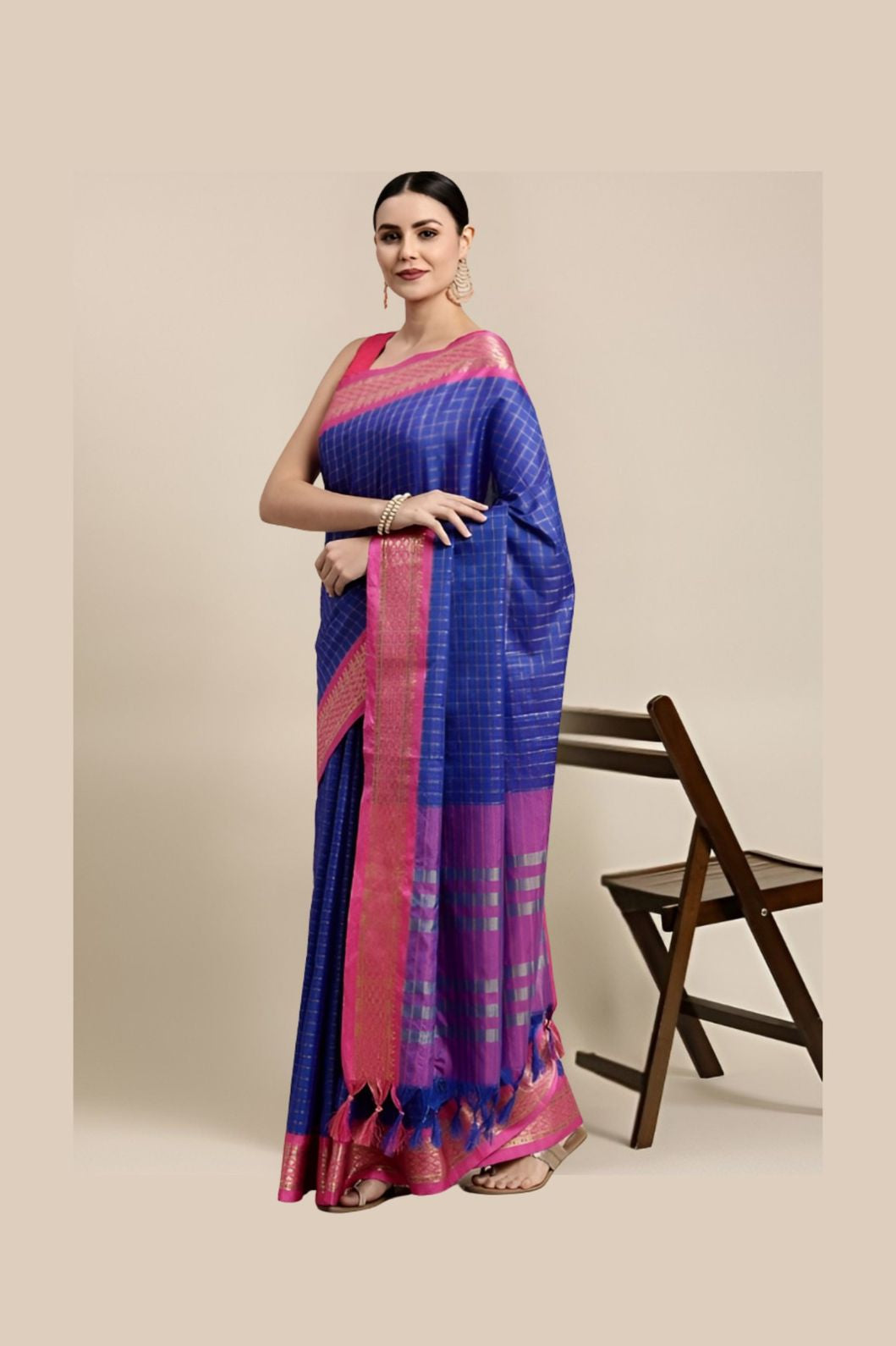 Studio front image showing rich royal blue drape