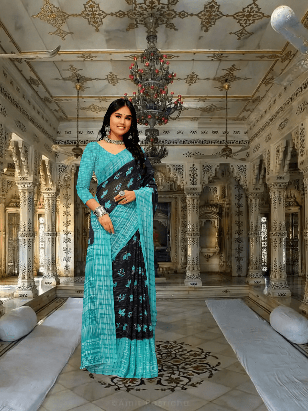 Side view of Twilight Teal georgette saree with floral pallu