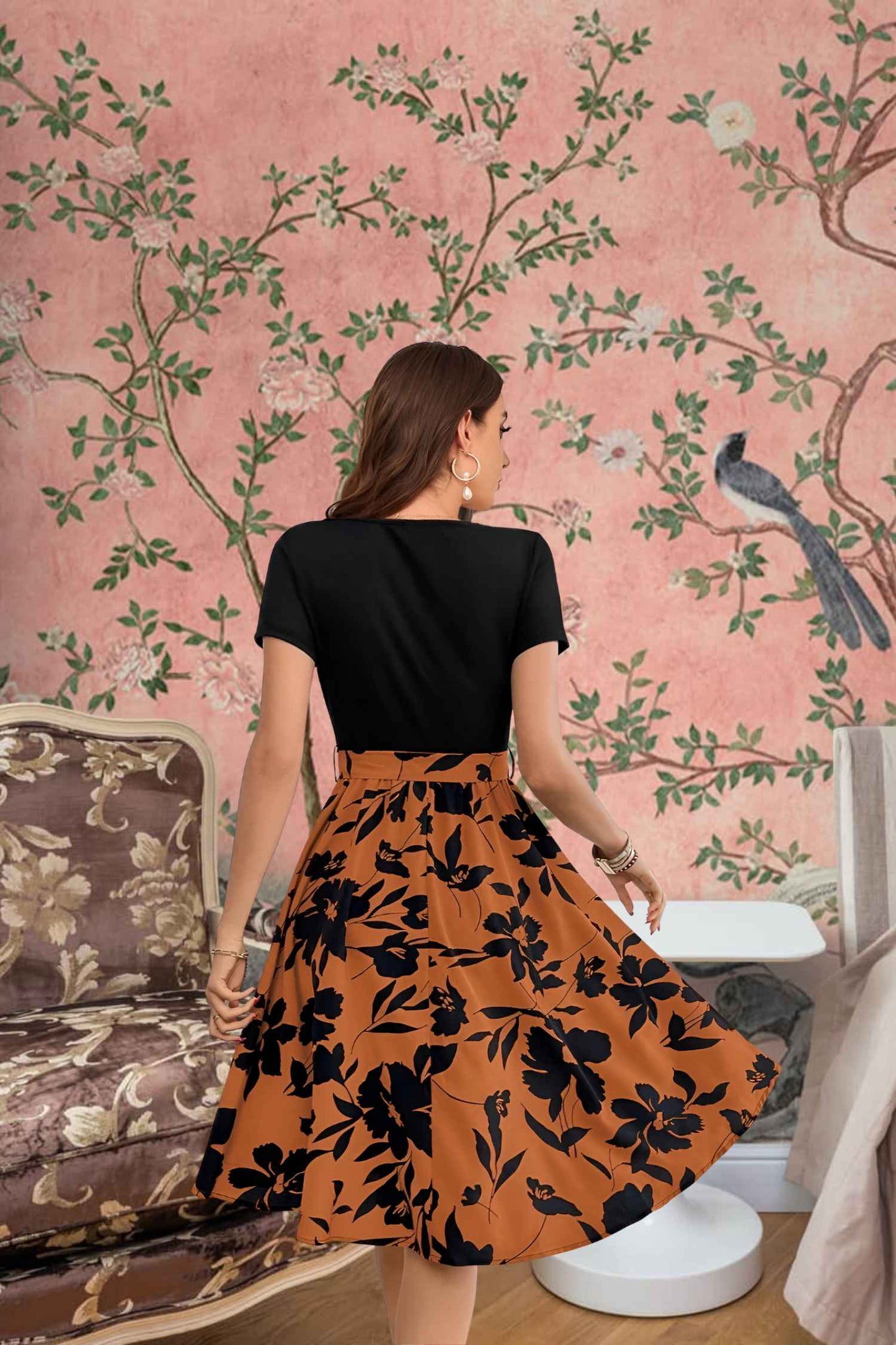 Back angle of floral pattern dress for women