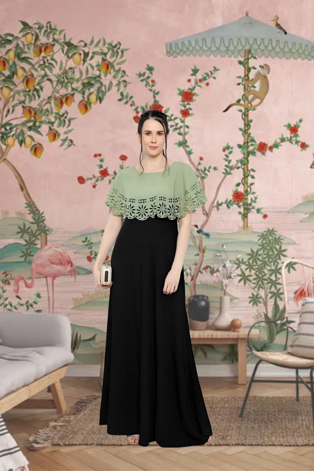 Front view of green-black sleeveless crepe gown in palace setting