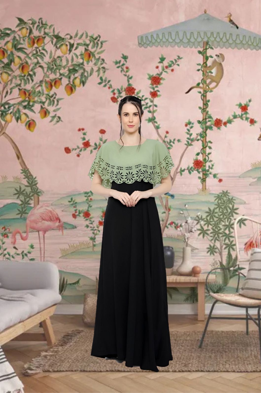 Front view of green-black sleeveless crepe gown in palace setting