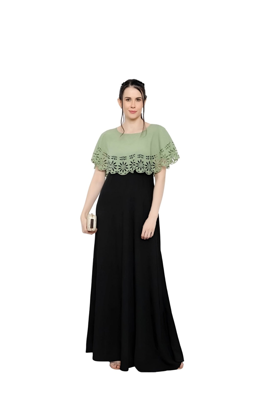 Studio front view of green black sleeveless crepe gown