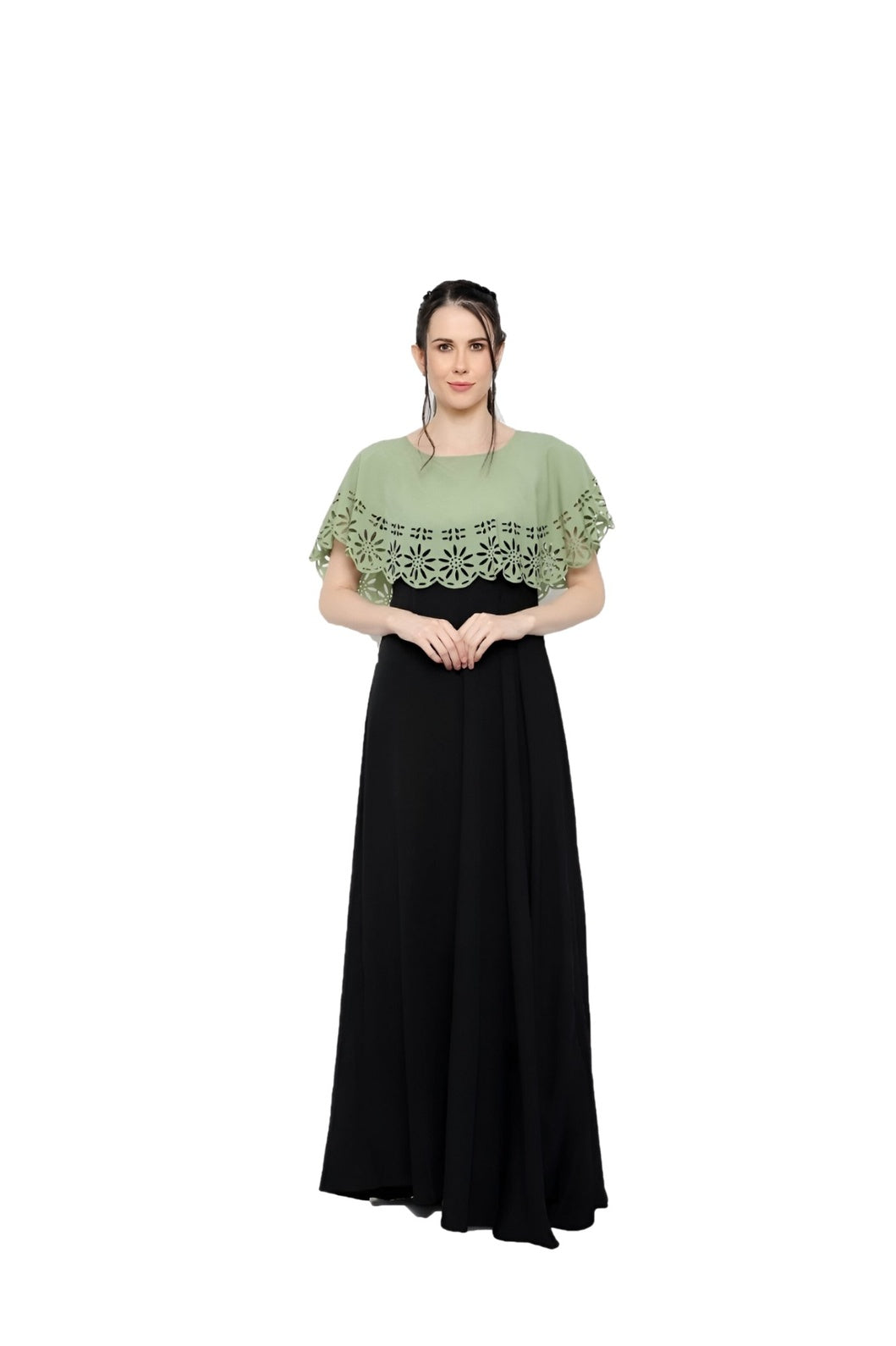 Studio front view of green black sleeveless crepe gown