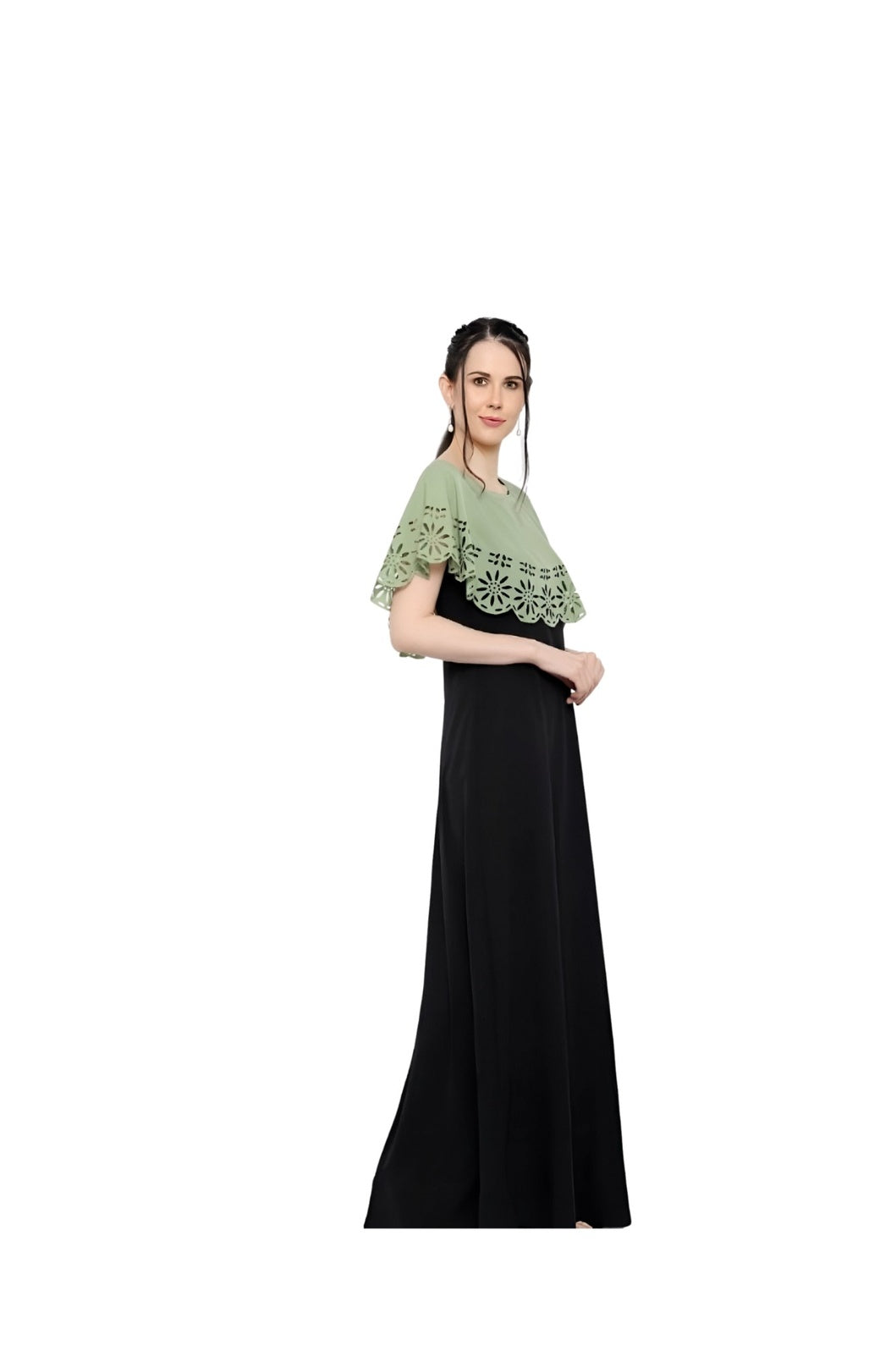Studio side profile of CELESTINA green-black gown