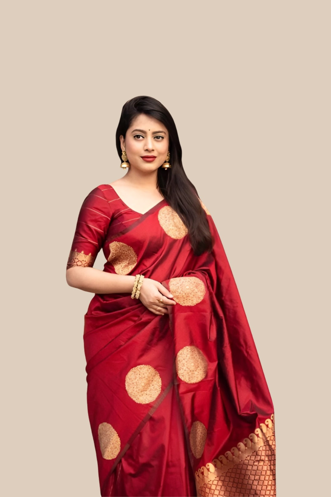 Studio front view of red silk printed saree
