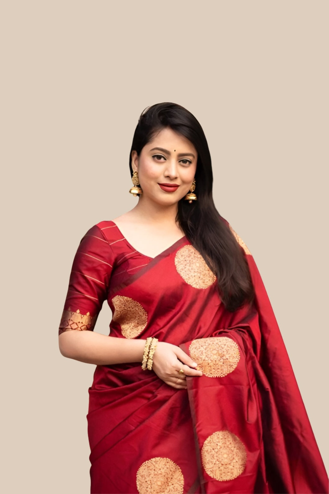 Studio front view of red silk printed saree