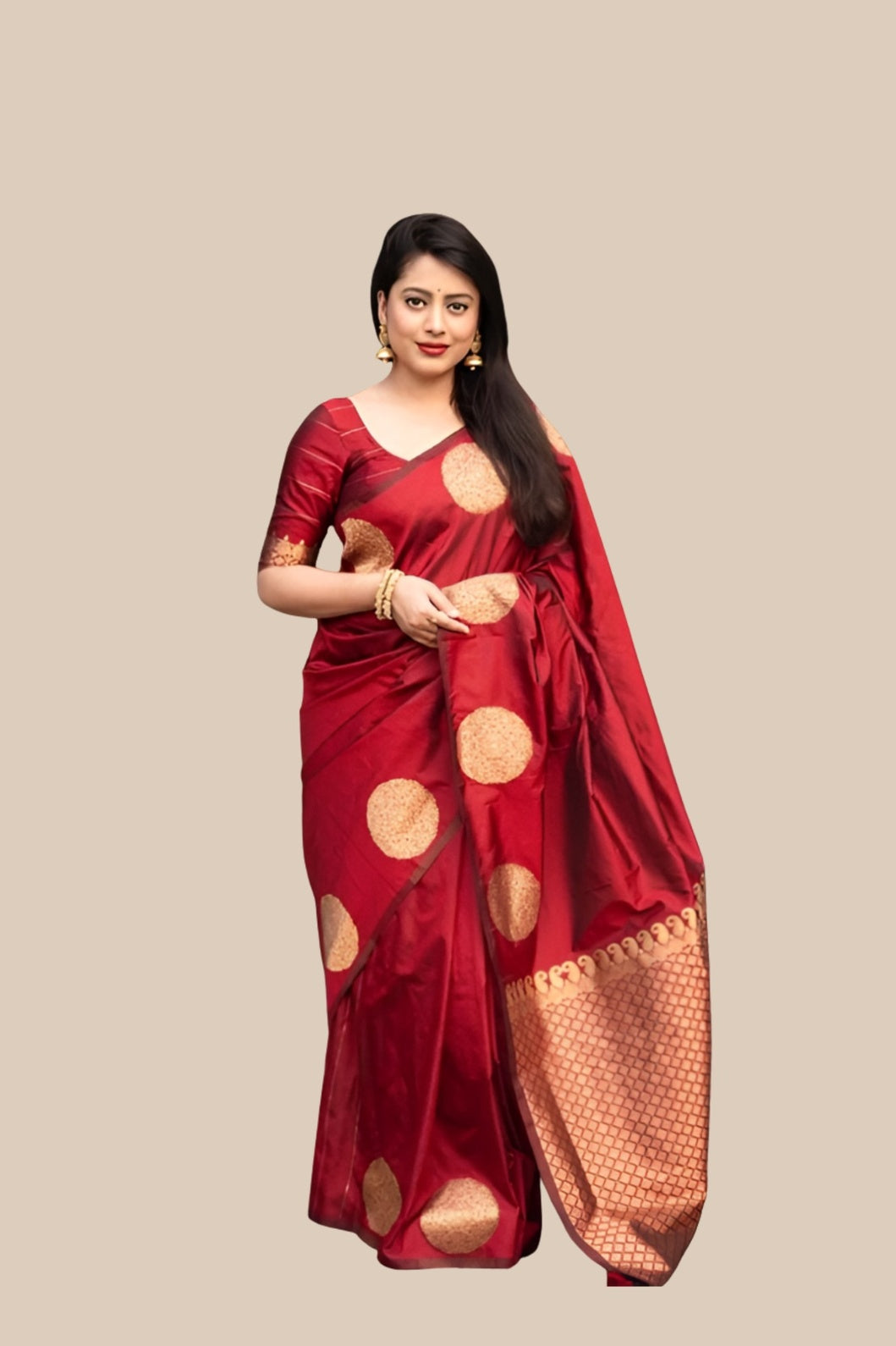 Studio front view of red silk printed saree