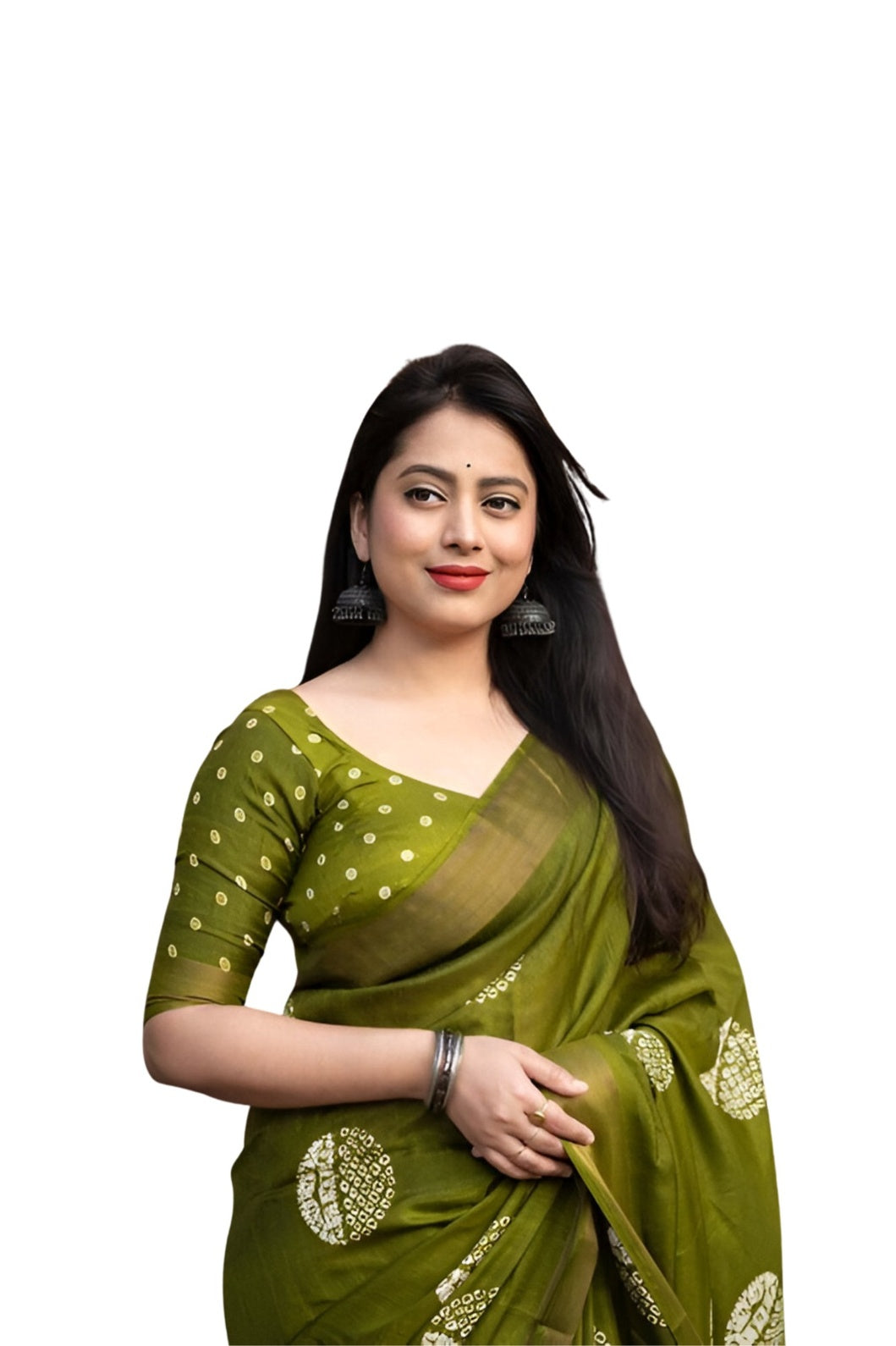 Studio front view of green printed saree in classic standing pose โ white background
