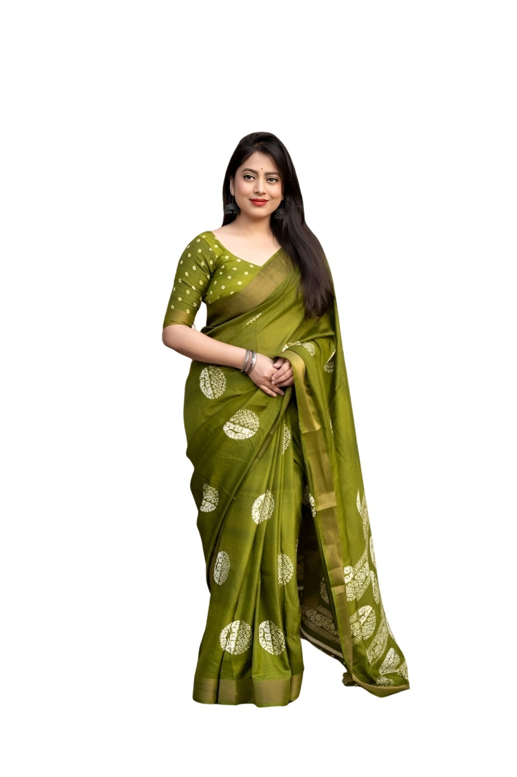 Studio front view of green printed saree in classic standing pose โ white background