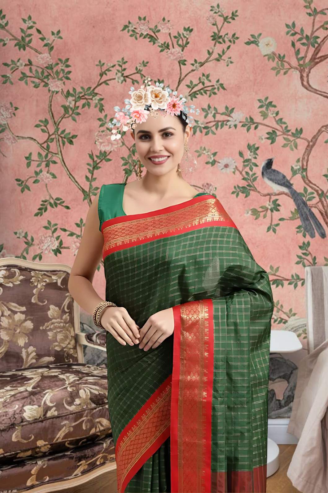 Front view of bottle green cotton silk checkered saree glowing in royal setting