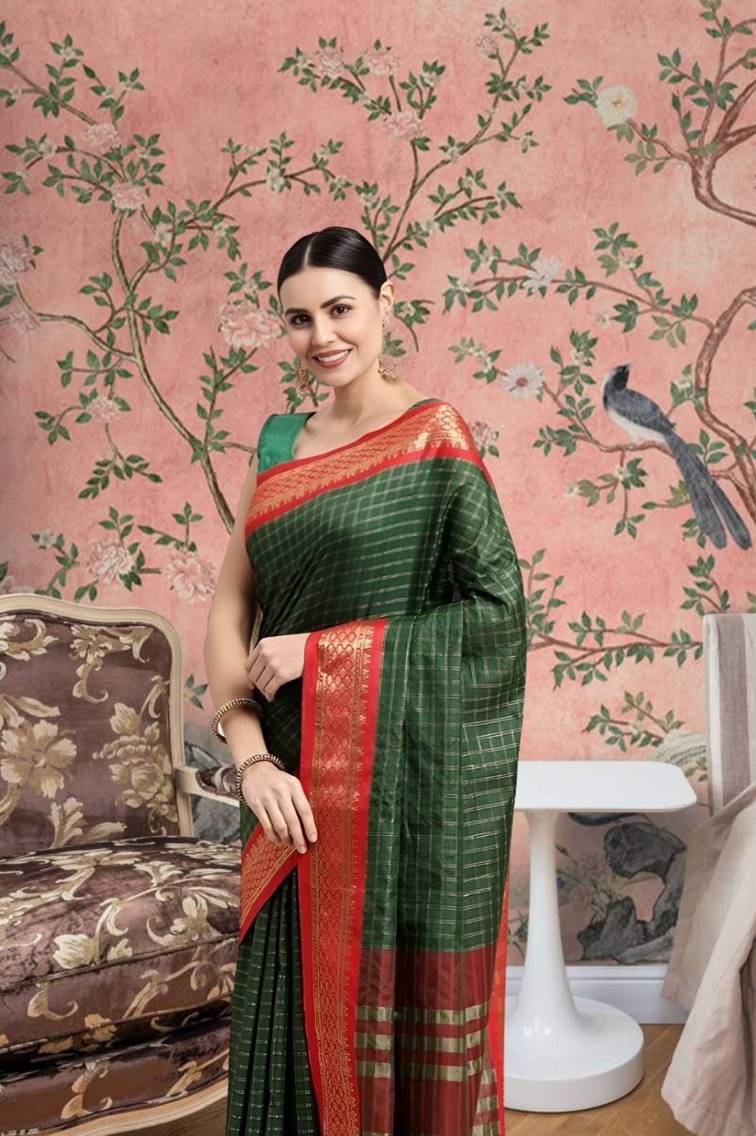 Front view of bottle green cotton silk checkered saree glowing in royal setting