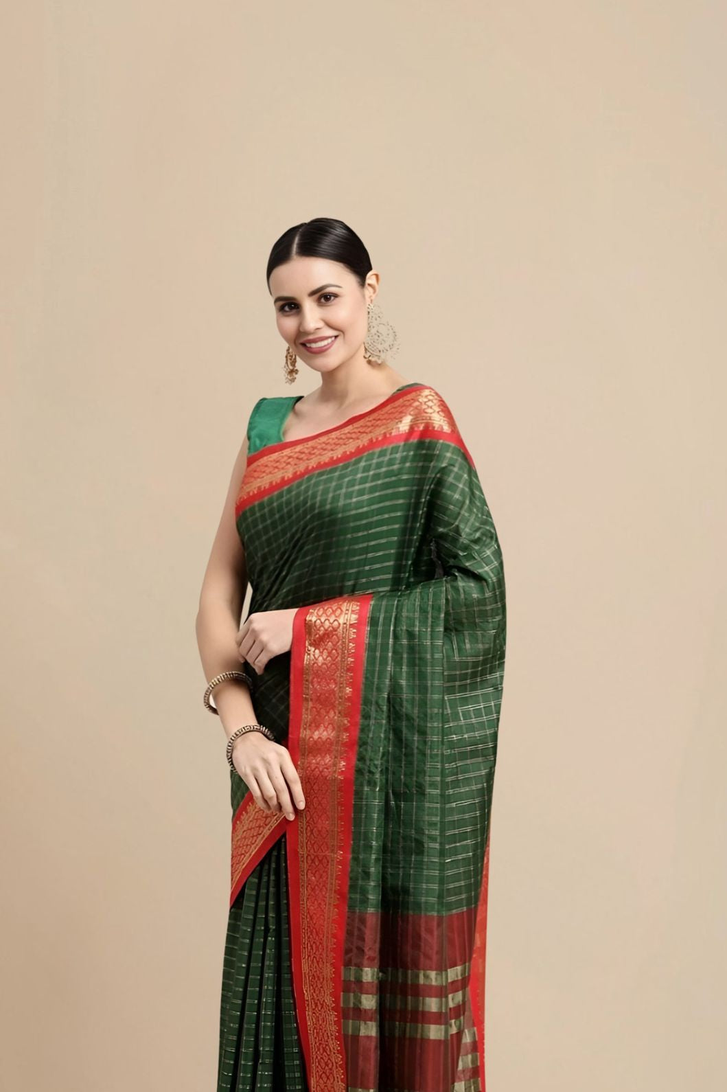 Studio front view with bottle green tones and clean checks