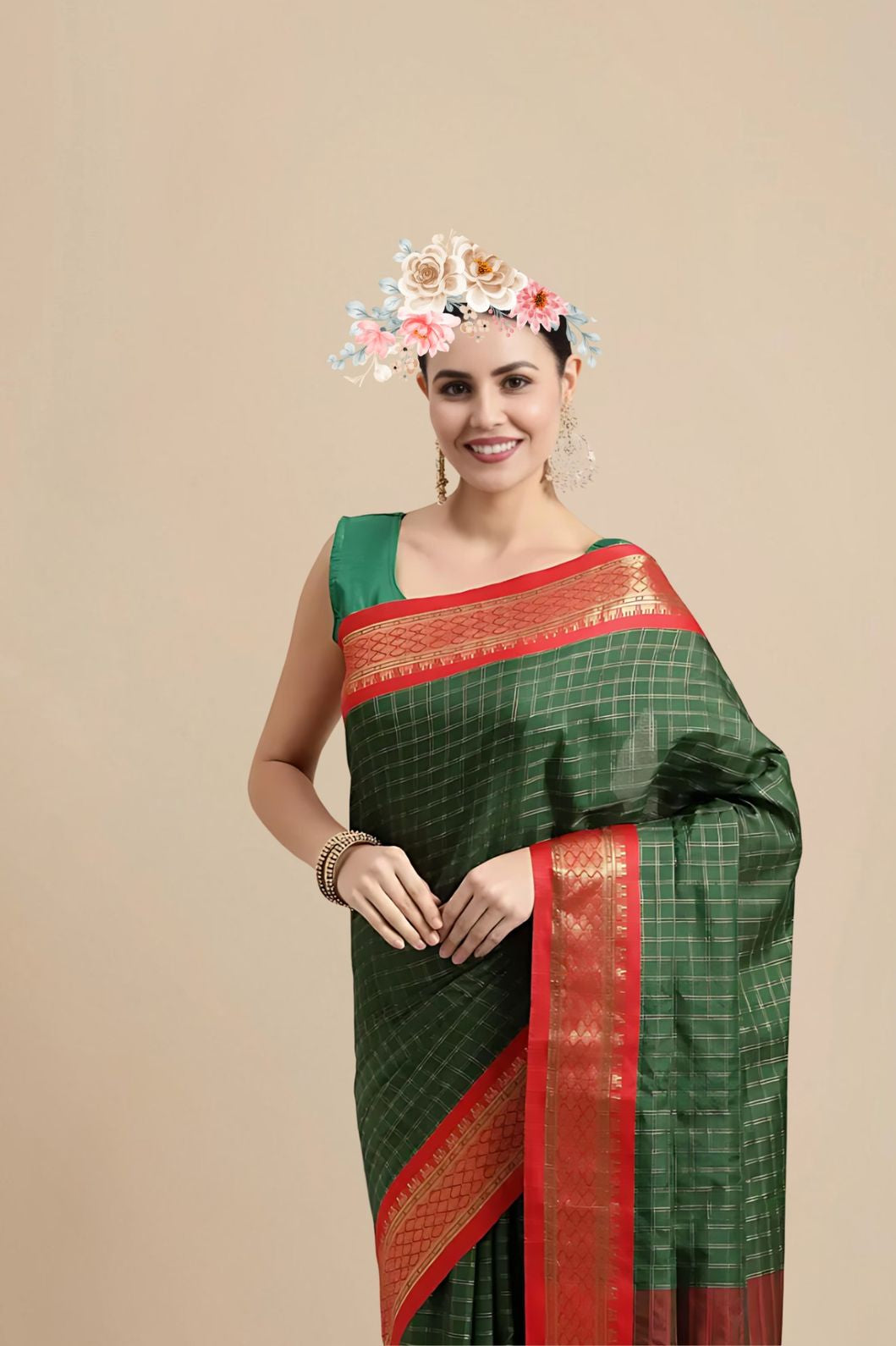 Studio front view with bottle green tones and clean checks