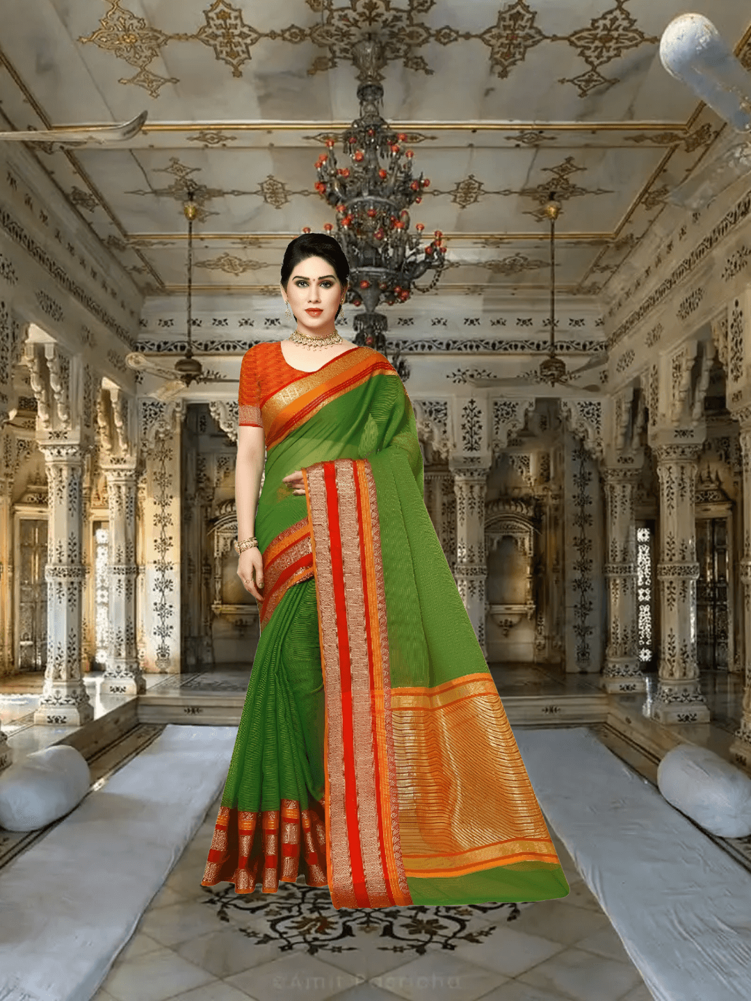 Model walking through palace corridor, dark green saree glowing