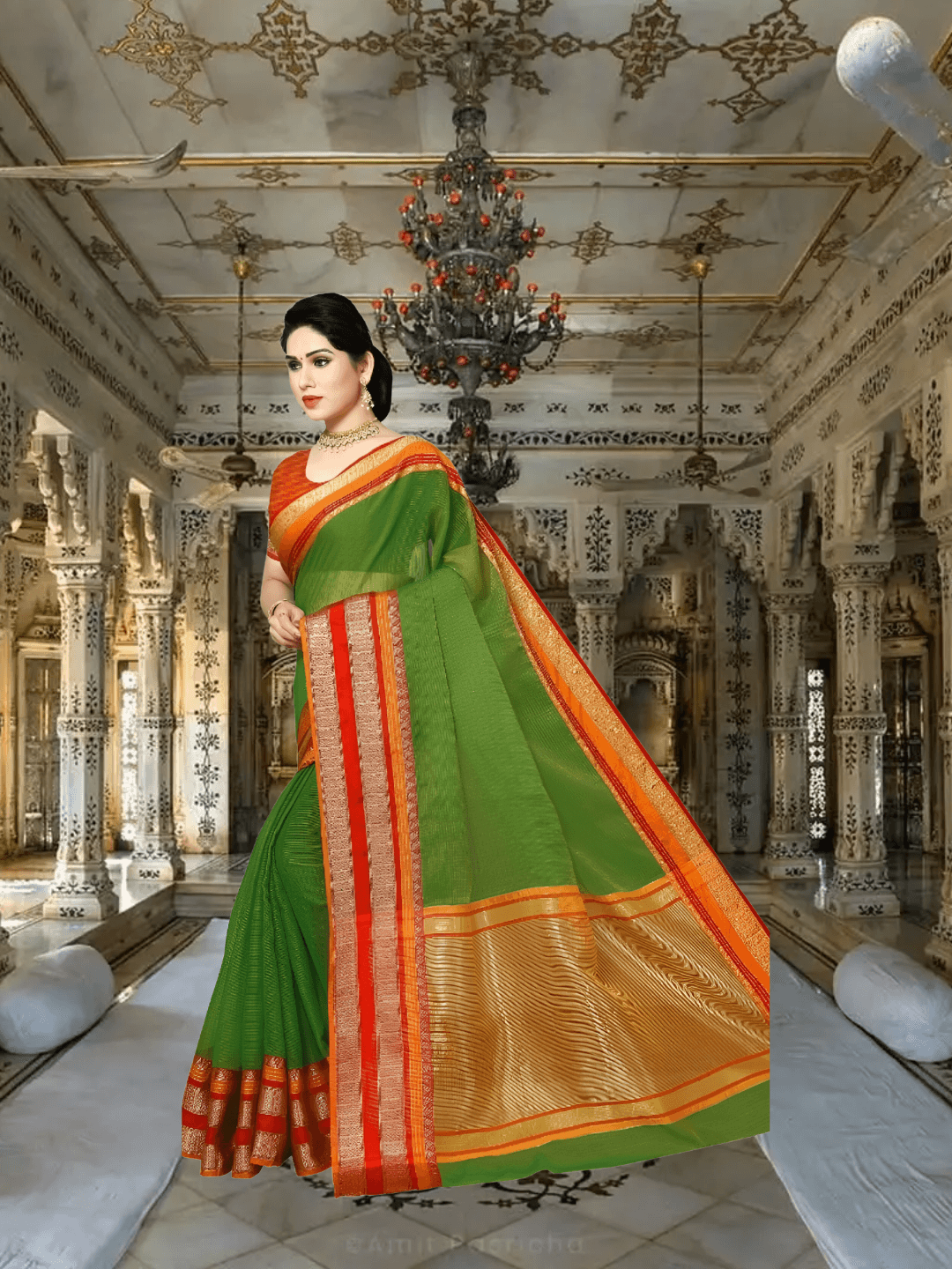 Graceful pose in forest stone backdrop, dark saree draped elegantly