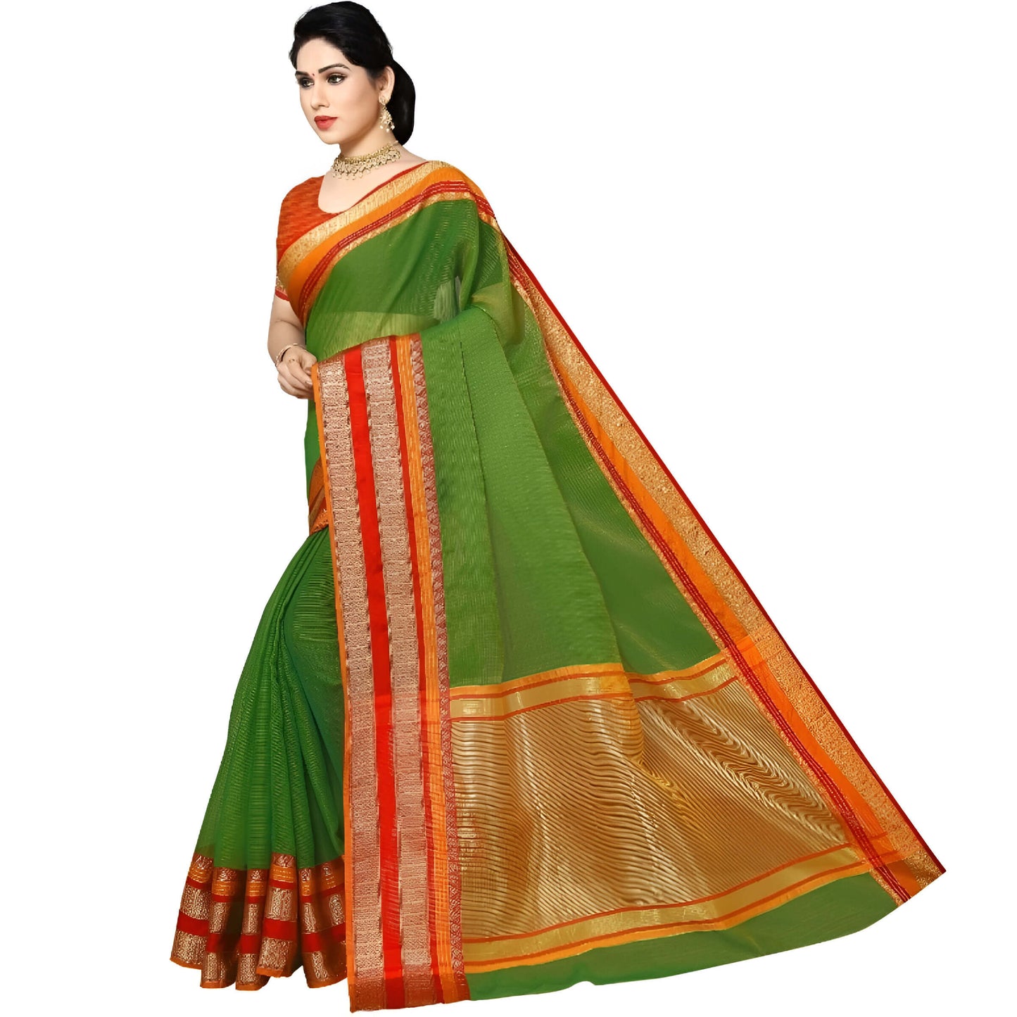 Dark green Kota Doria saree with golden and pink borders, draped on mannequin