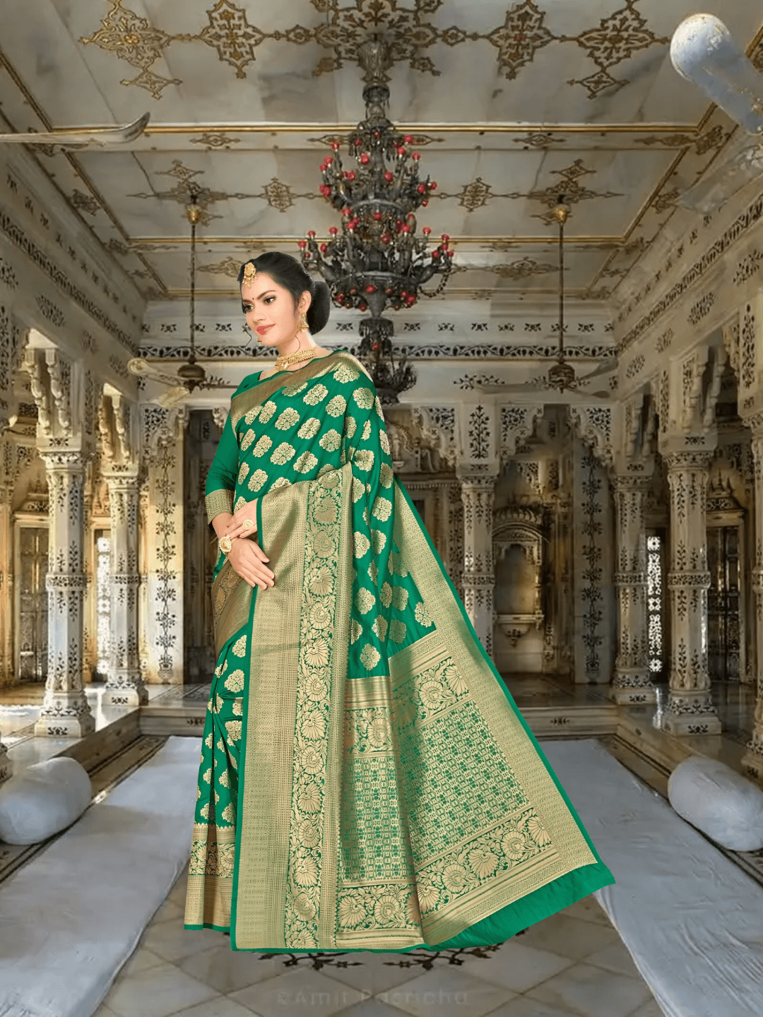 Model in green Banarasi silk saree with gold motifs in royal palace room