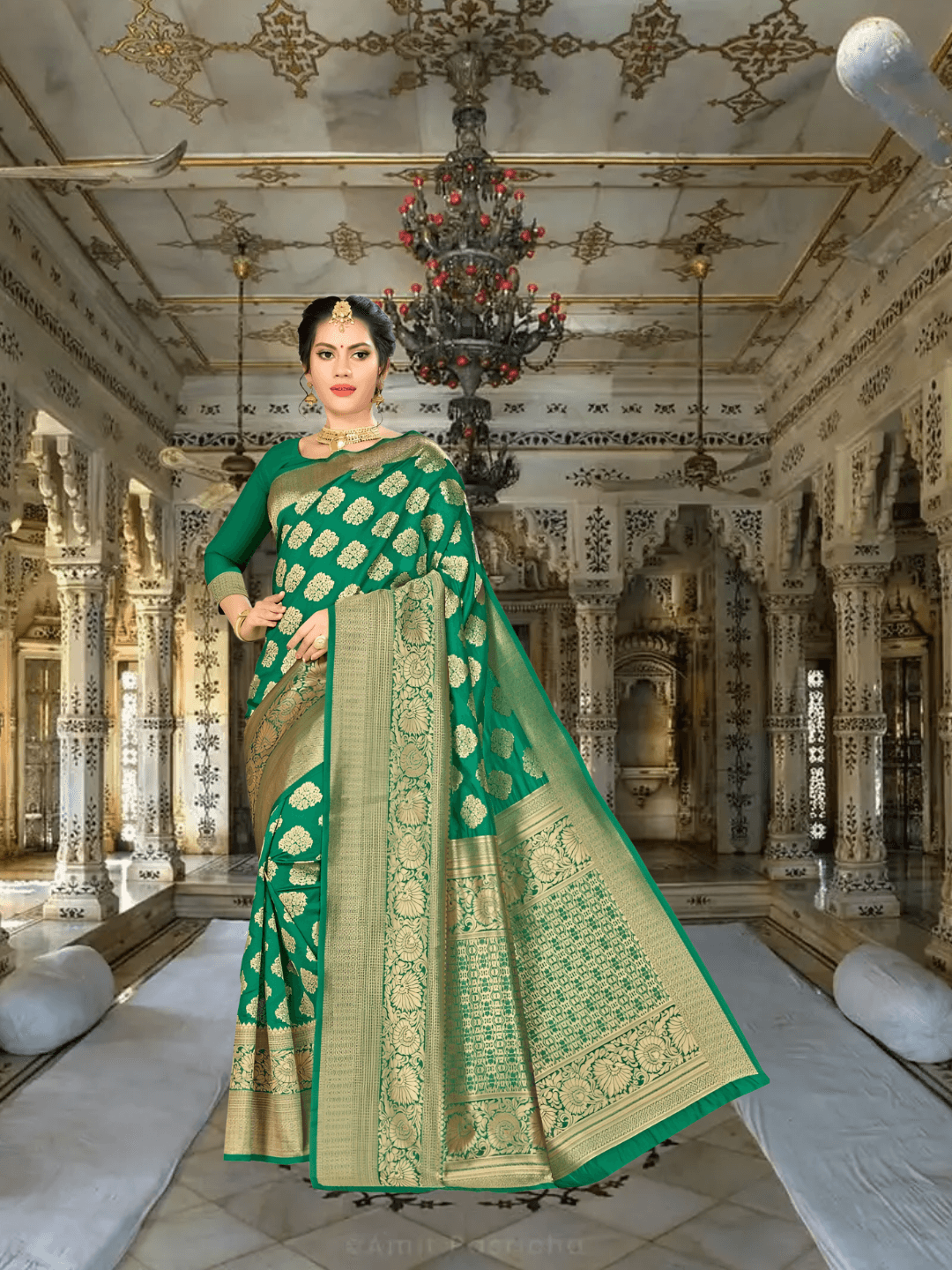 Distinct golden motifs on green silk draped in a regal environment