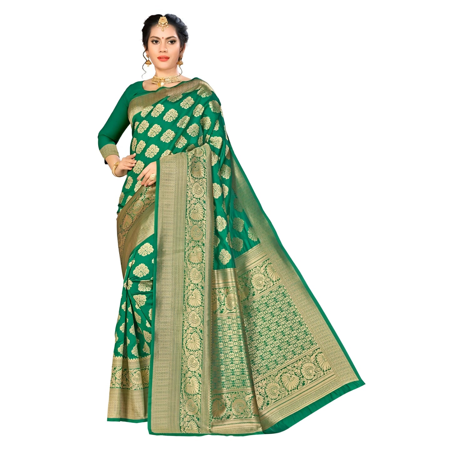 Close-up view of elegant golden border on green Banarasi silk