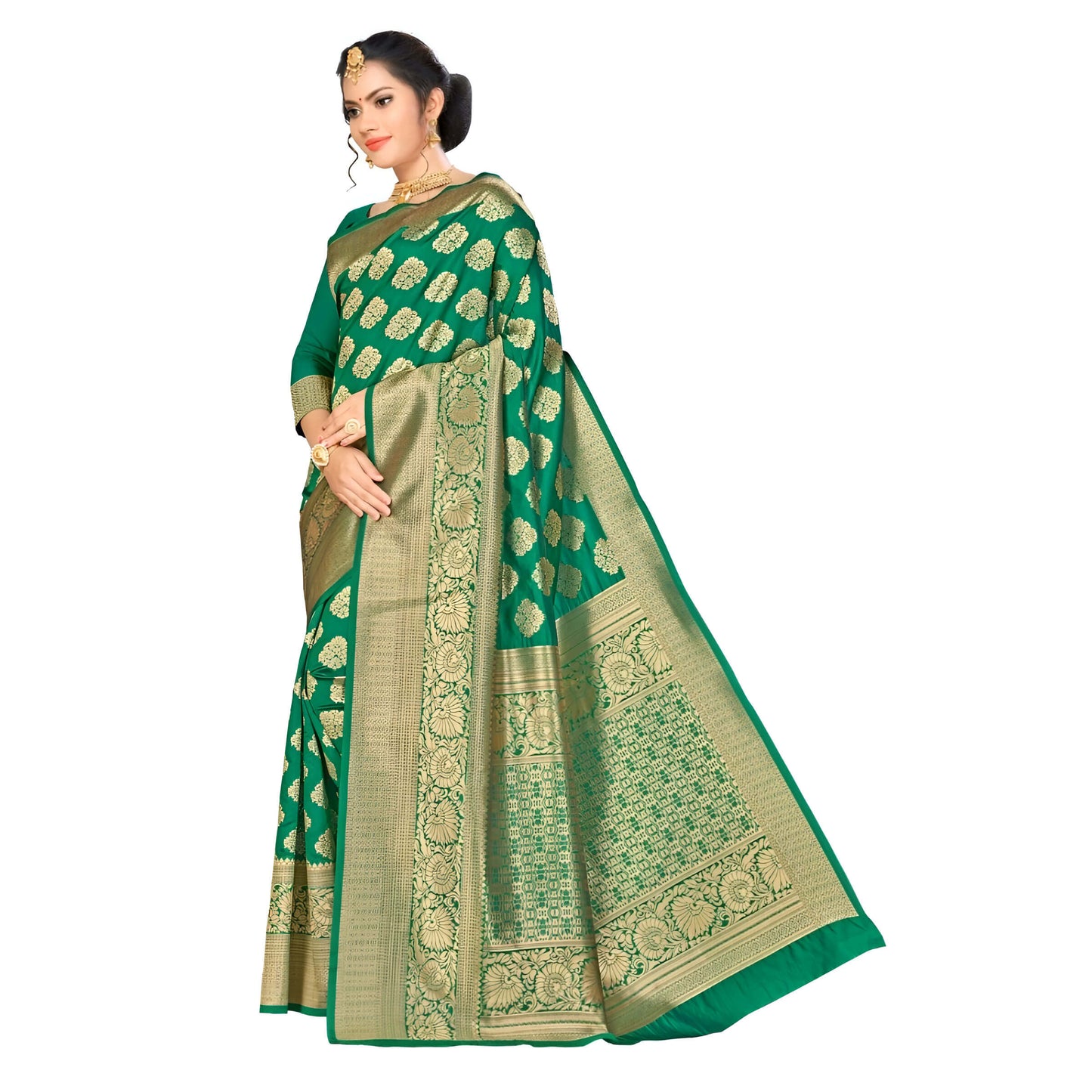 Full view of green Banarasi silk saree with golden abstract detailing