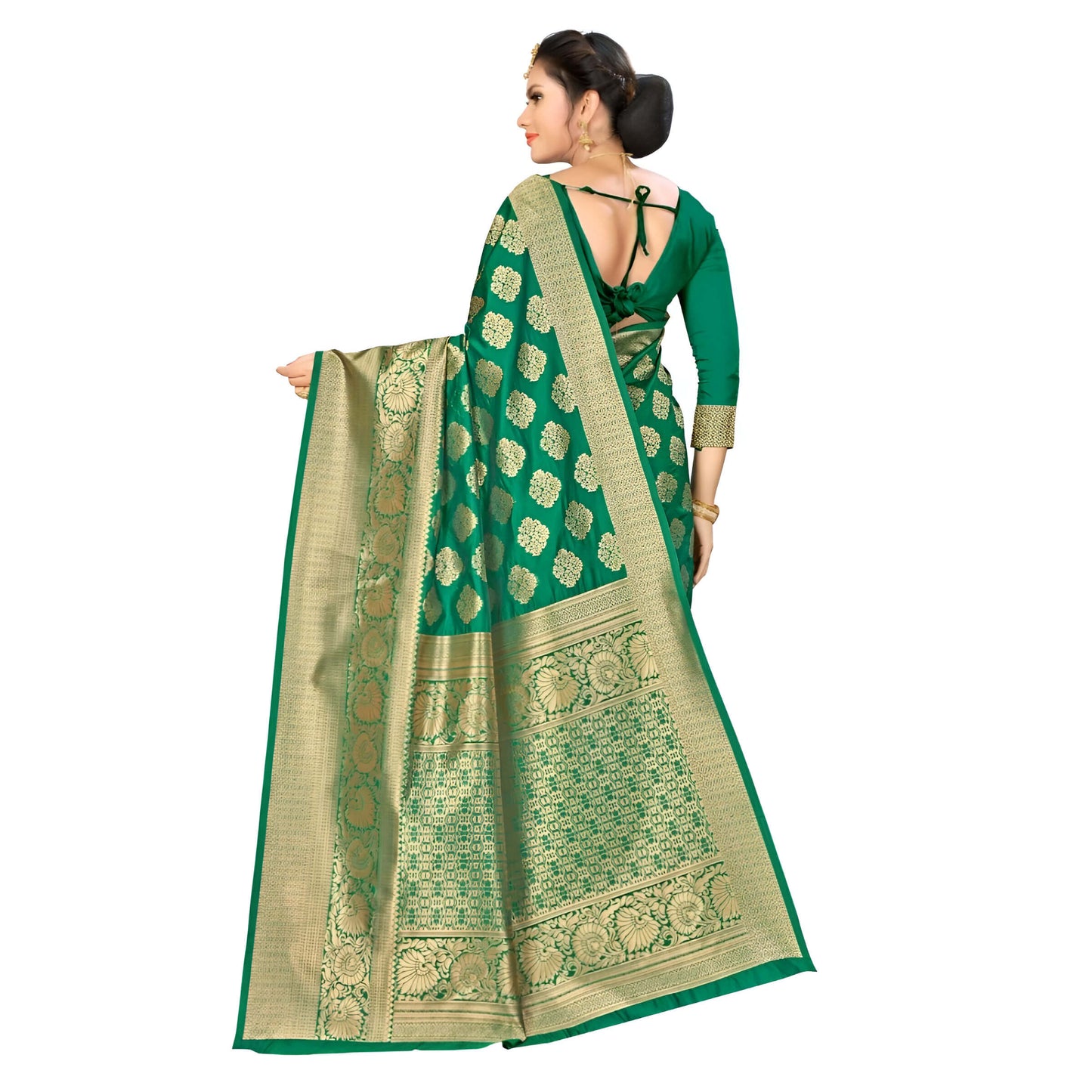 Full view of green Banarasi silk saree with golden abstract detailing