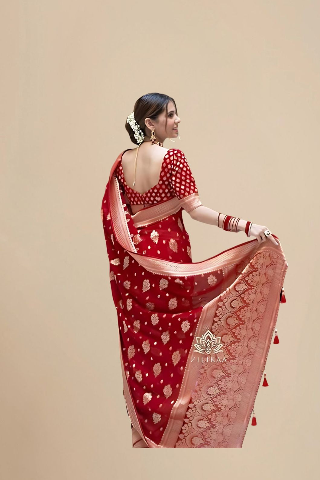 Rear studio view showing unstitched blouse area and drape