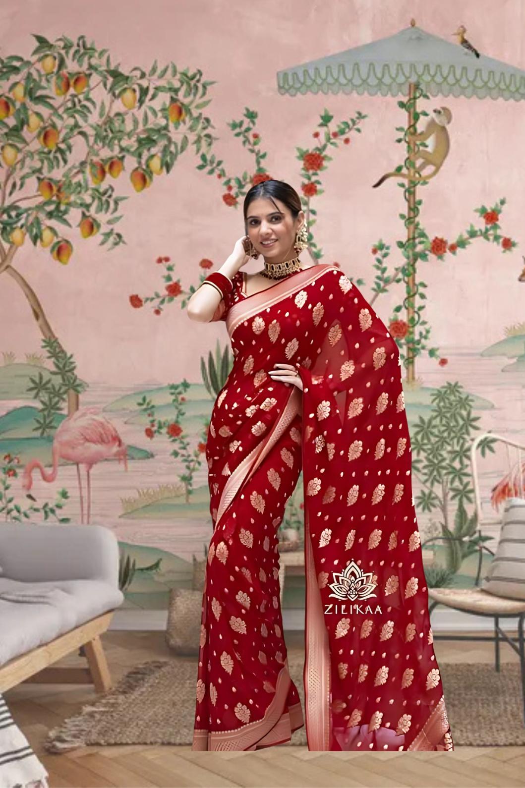 Front view of red Arani Pattu saree glowing in traditional palace setting