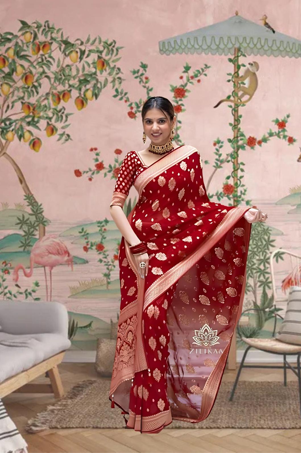 Front view of red Arani Pattu saree glowing in traditional palace setting