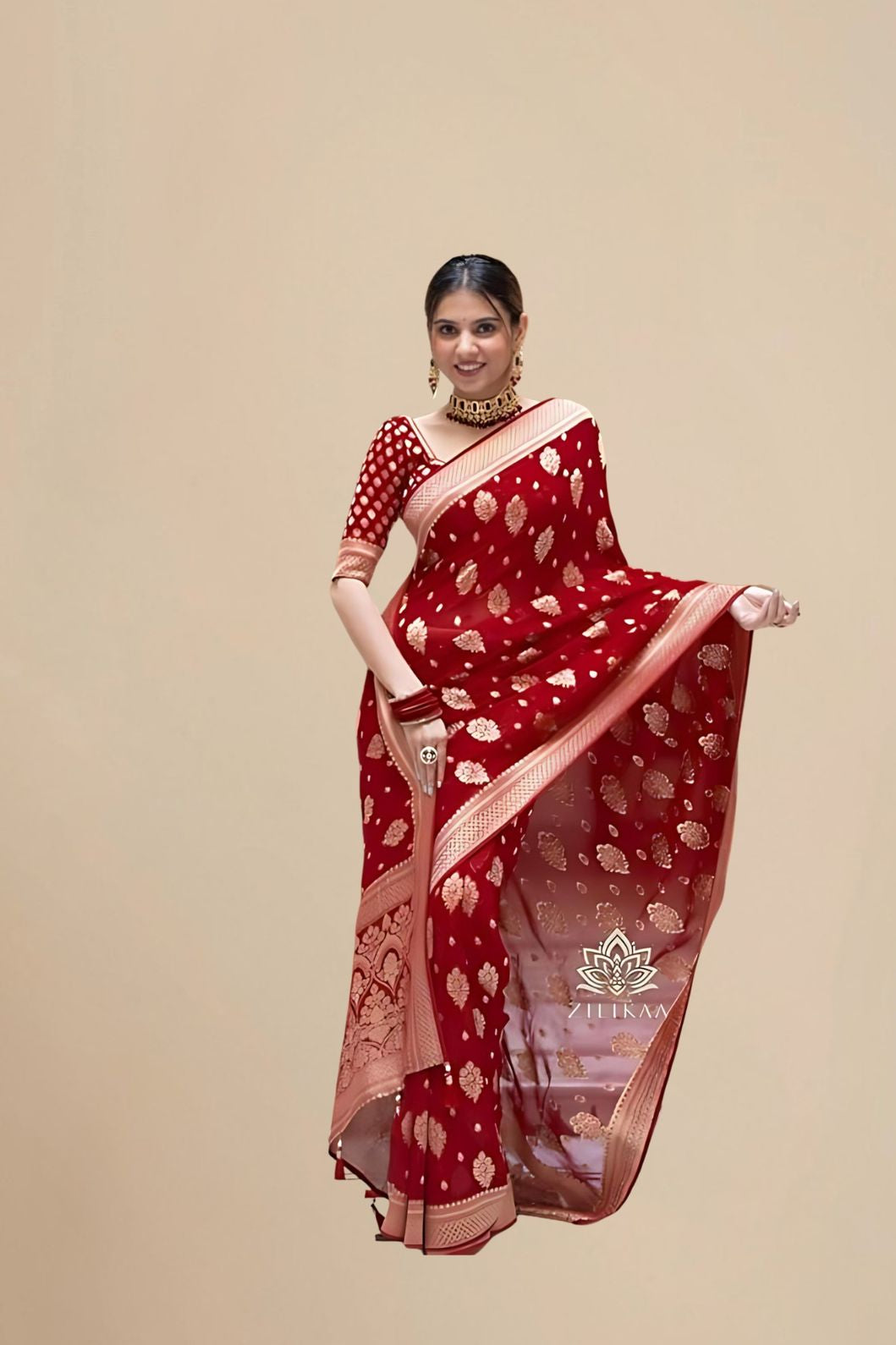Studio front view of red Arani cotton saree with full body display