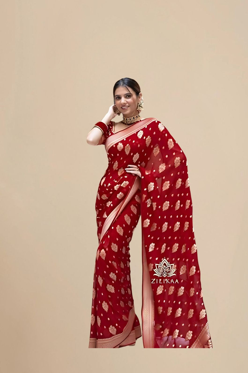 Studio front view of red Arani cotton saree with full body display
