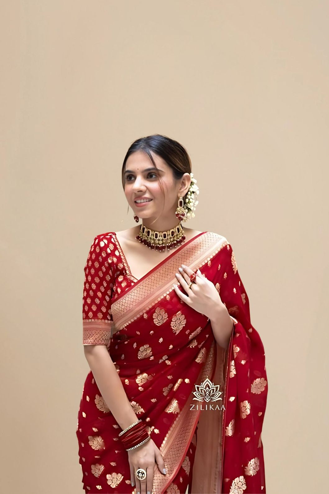 Studio front view of red Arani cotton saree with full body display