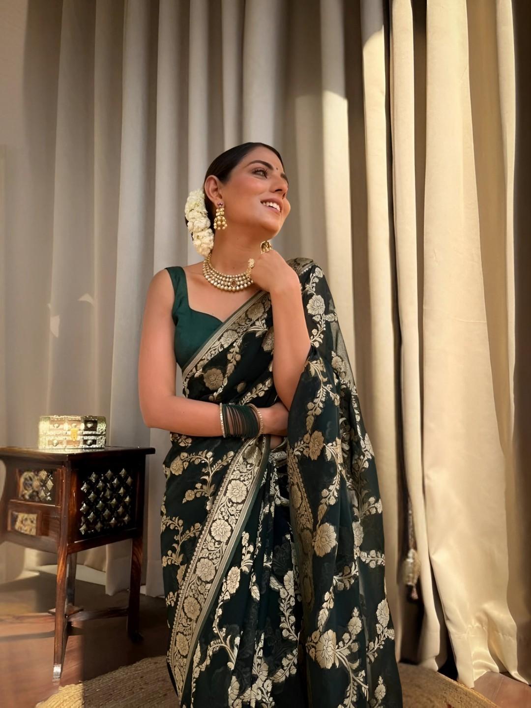 Model in Varnika Viridian posing confidently in palace interior