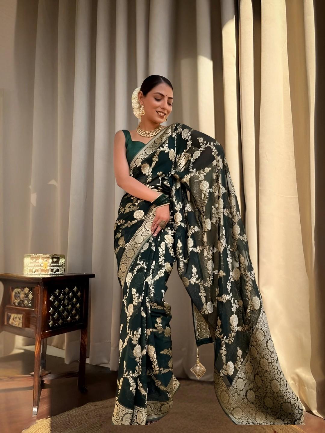 Model in Varnika Viridian posing confidently in palace interior