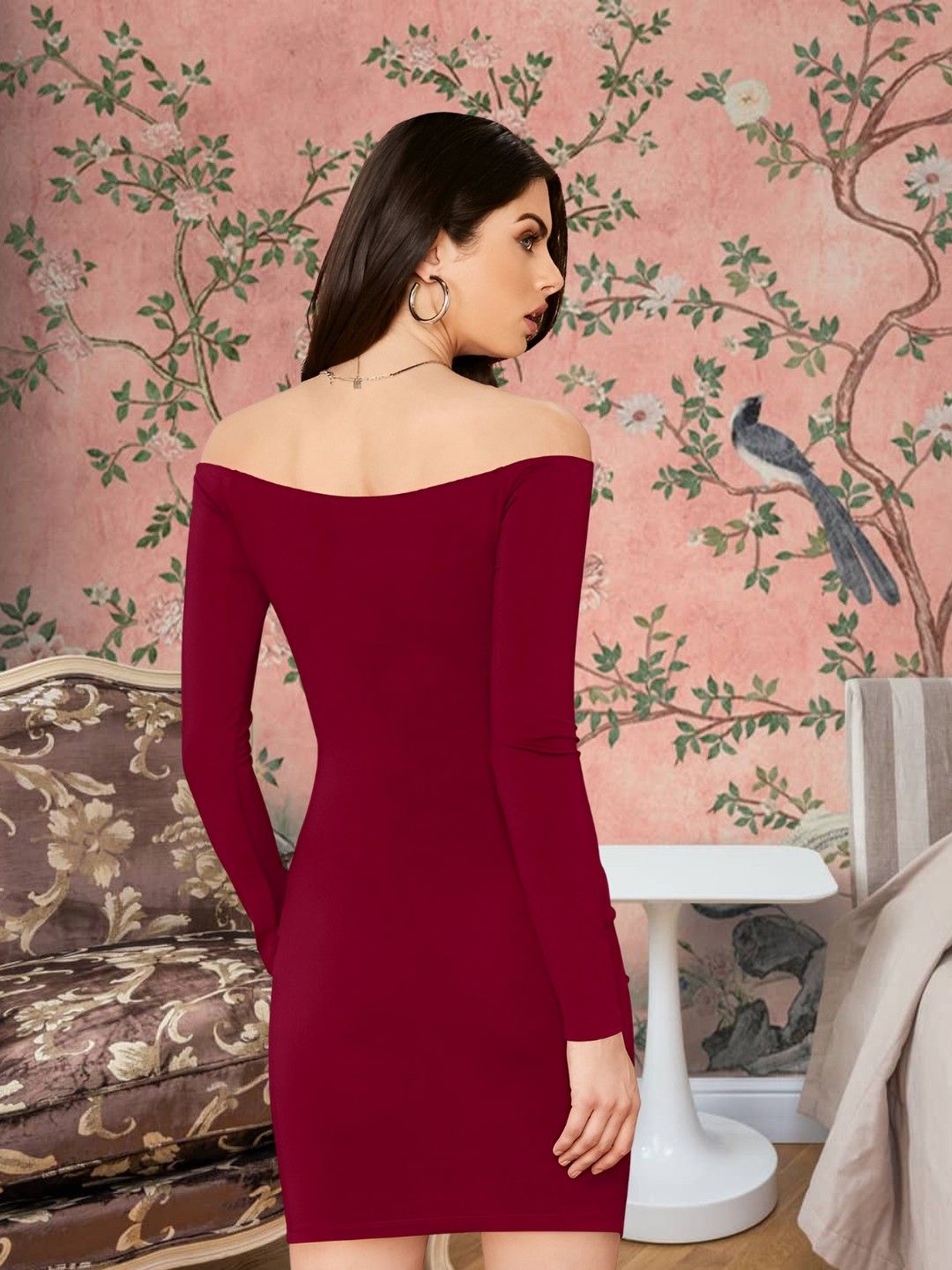 Back profile of “Veins of Venus” dress in maroon – stretchable knit, full sleeves.