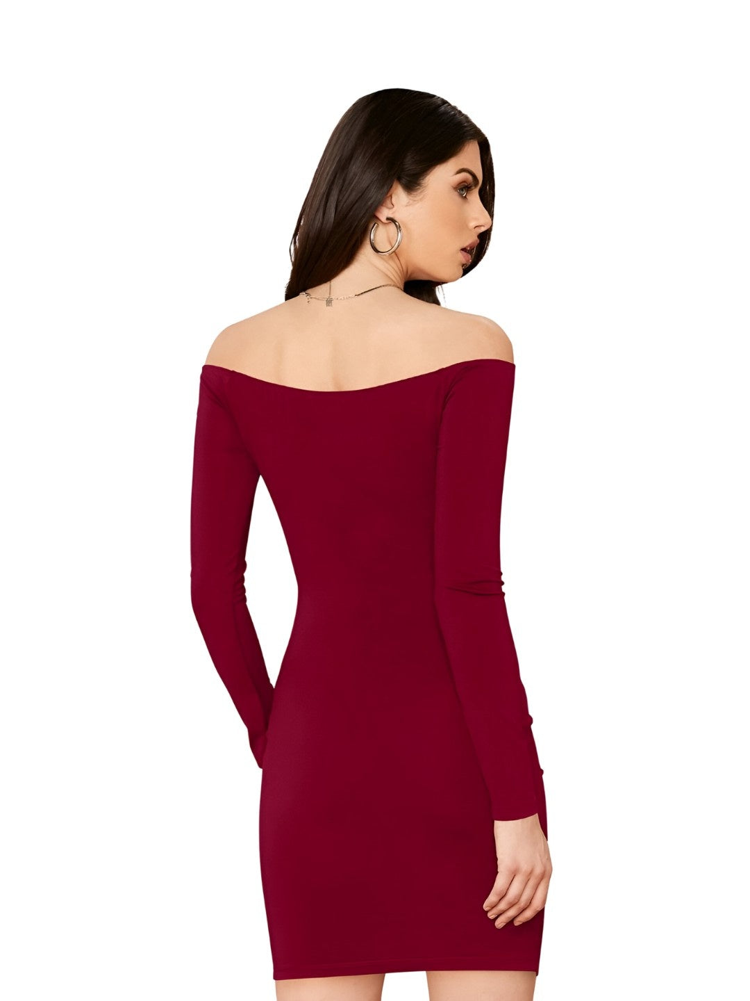 Back studio shot of “Veins of Venus” maroon stretchable knitted full sleeve dress.