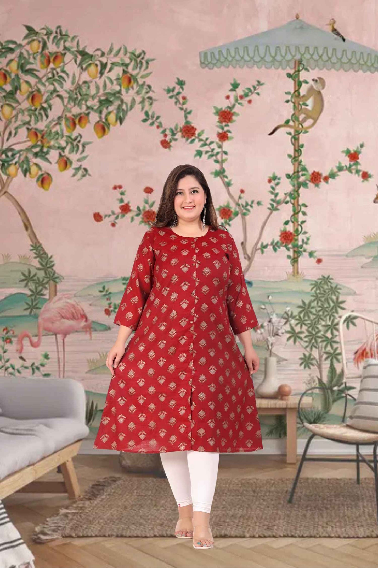 Front view: Maroon kurti against stone corridors at dusk