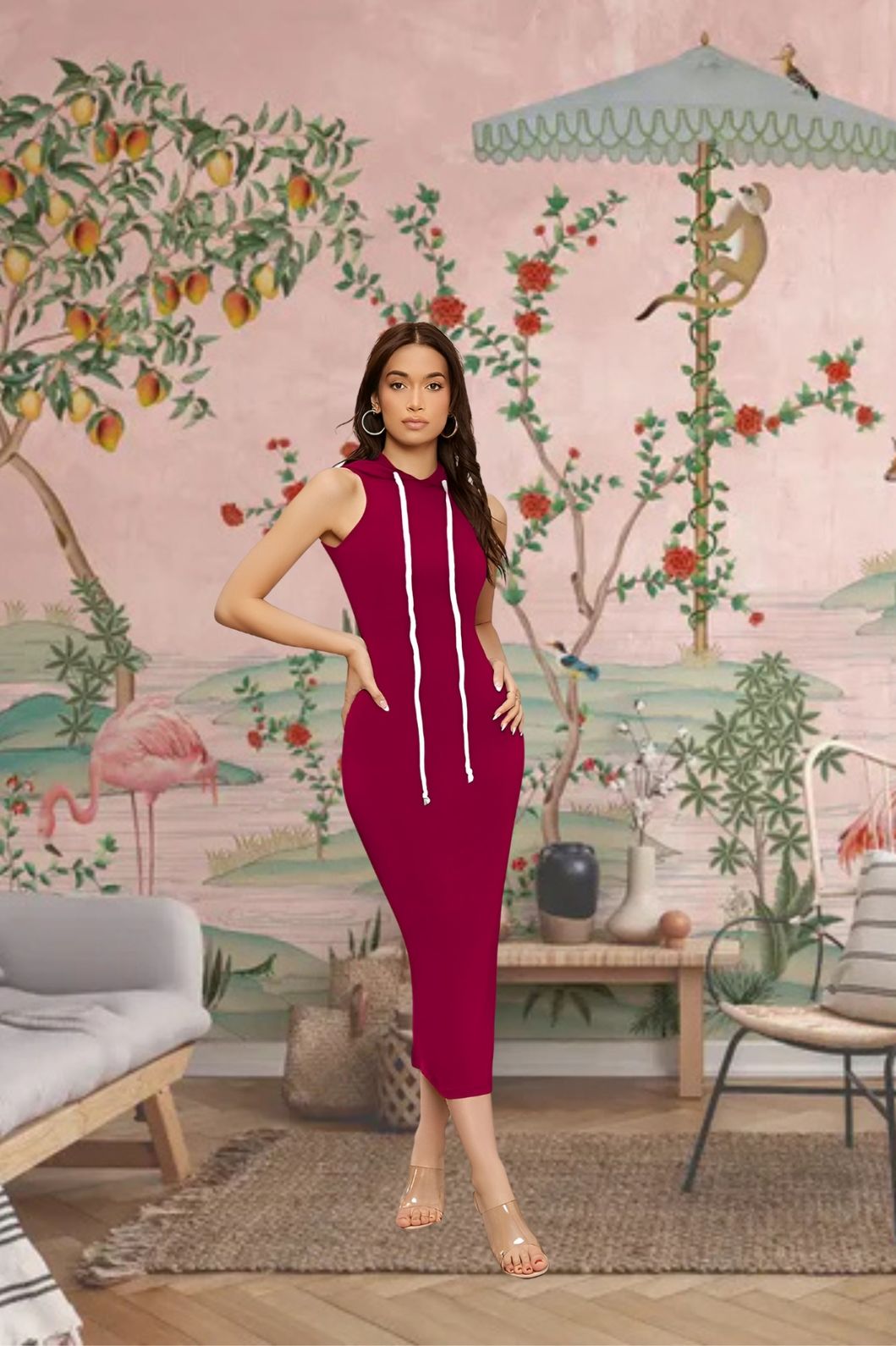 Model in maroon sleeveless dress with white lace – graceful front view