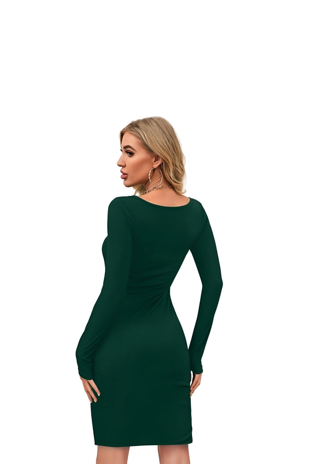 Back view of dark green knit dress – isolated on pure white
