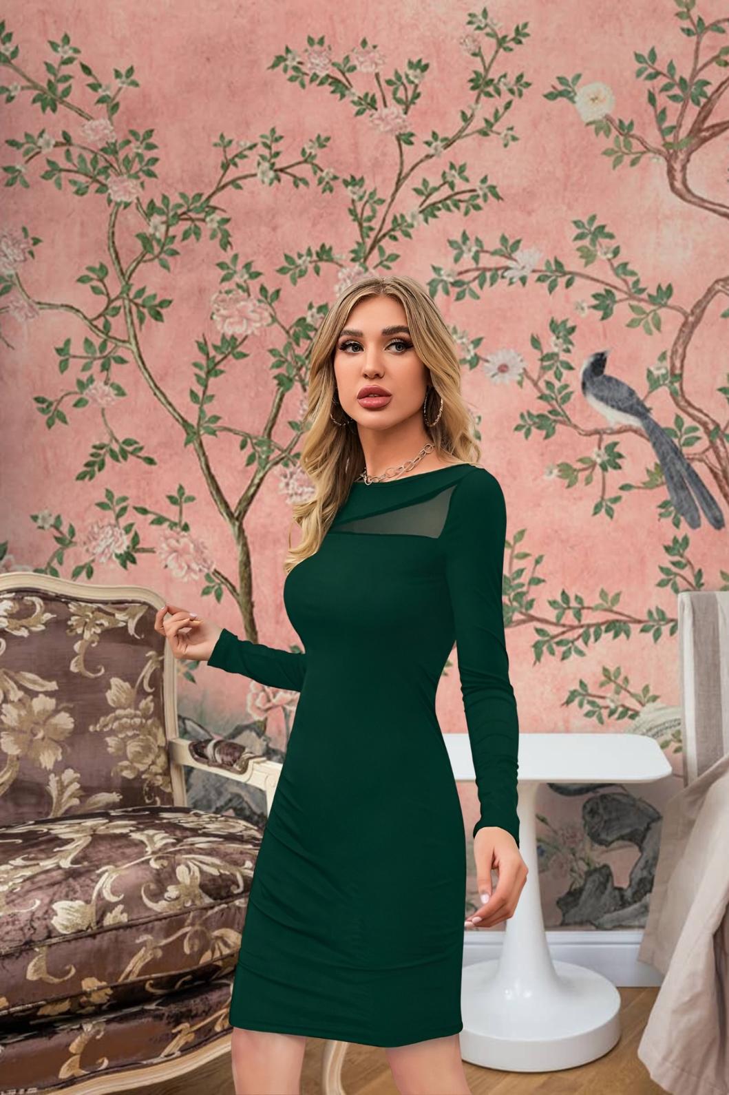 Side shot in stretchable dark green dress – quiet strength and flow